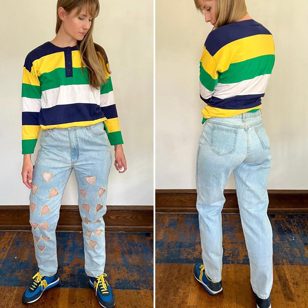 Vintage 90s Yellow Embroidered Heart Cut Out High Waisted Light Jeans 30 - 31" - Picture 12 of 12